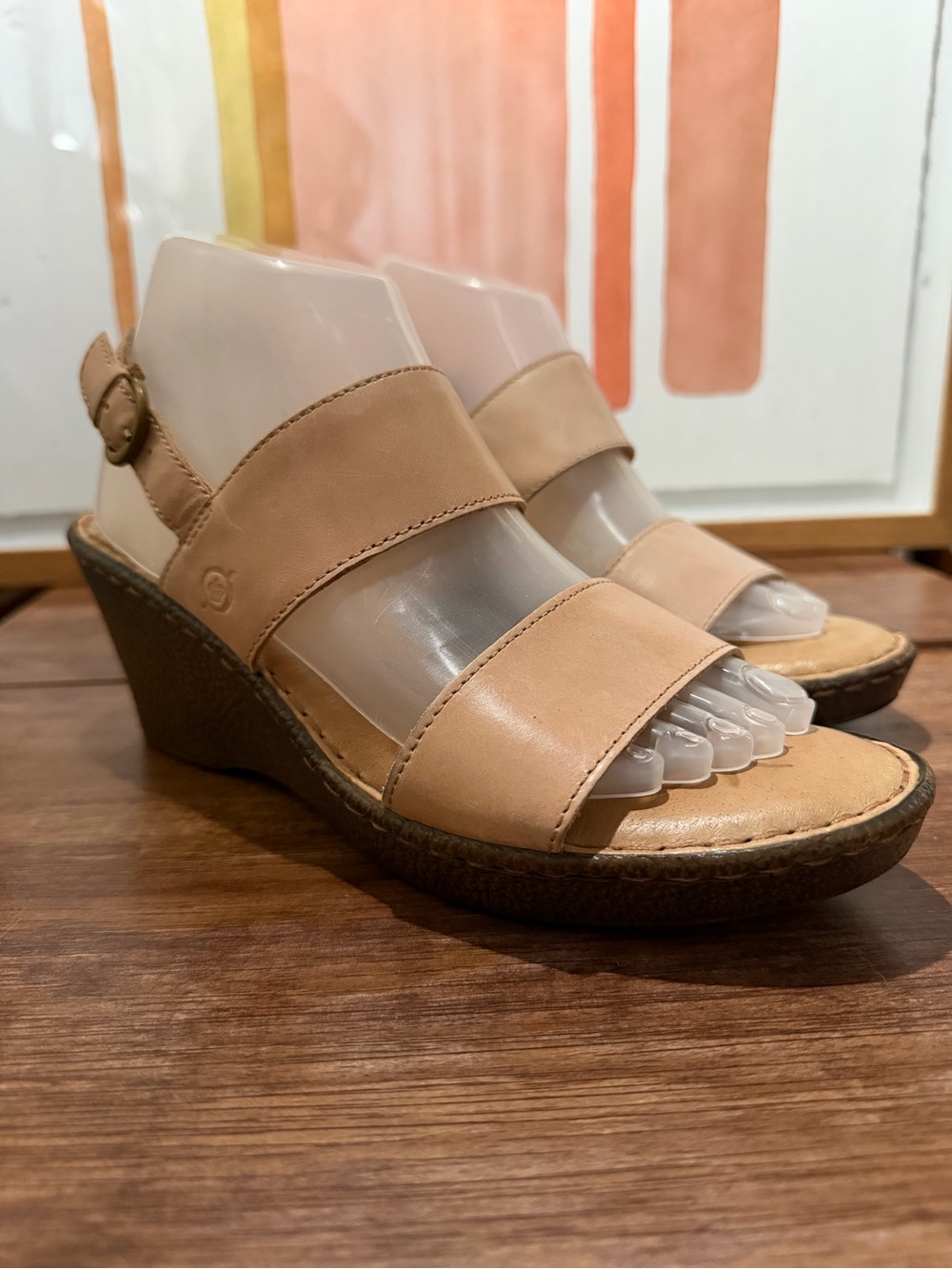 Born Wedge Sandals 8.5 M Tan Nude Leather Slingback Comfort Platform Boho Women